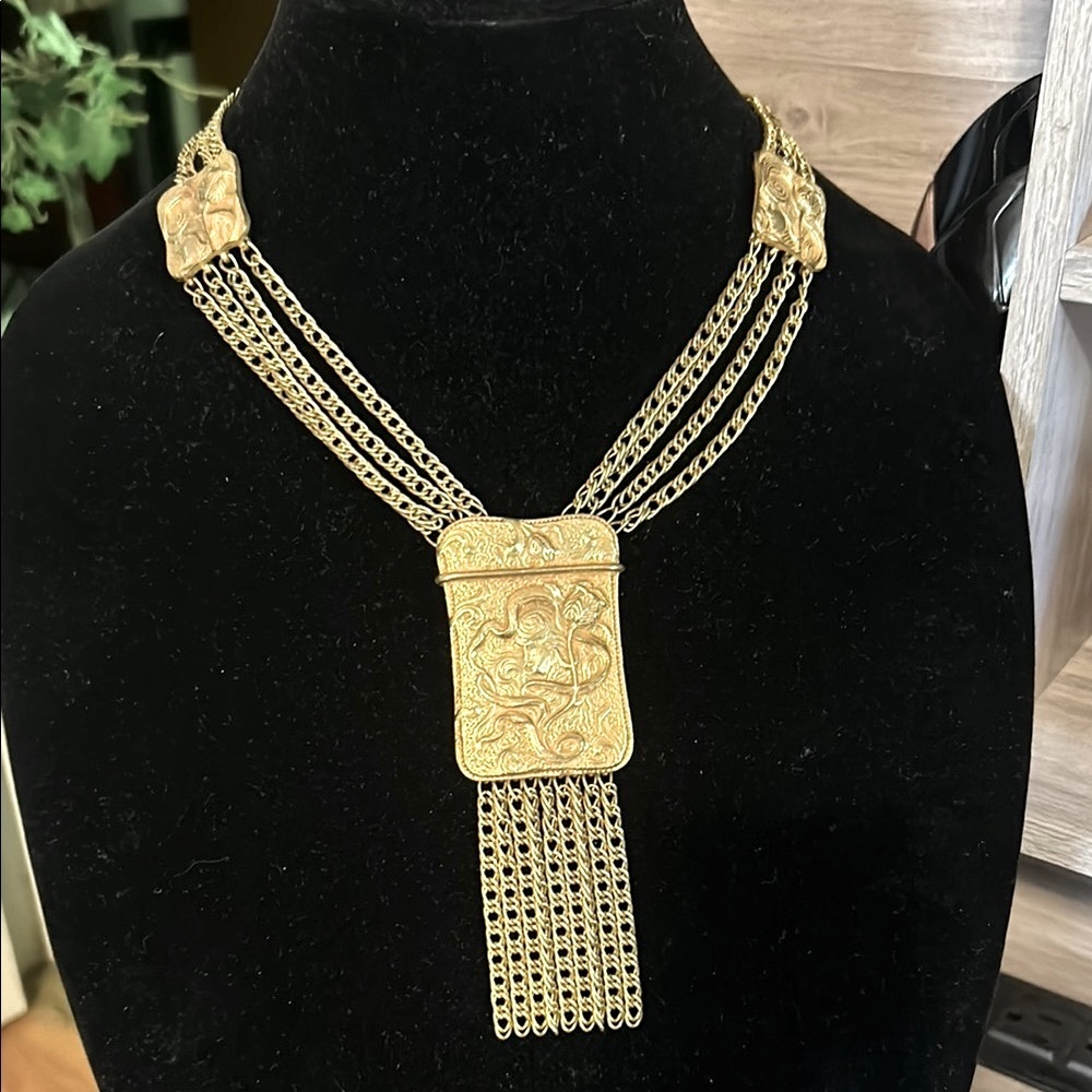 Lucien Piccard Gilded Art Nouveau Necklace w/Intricate Pendant and Tassel signed